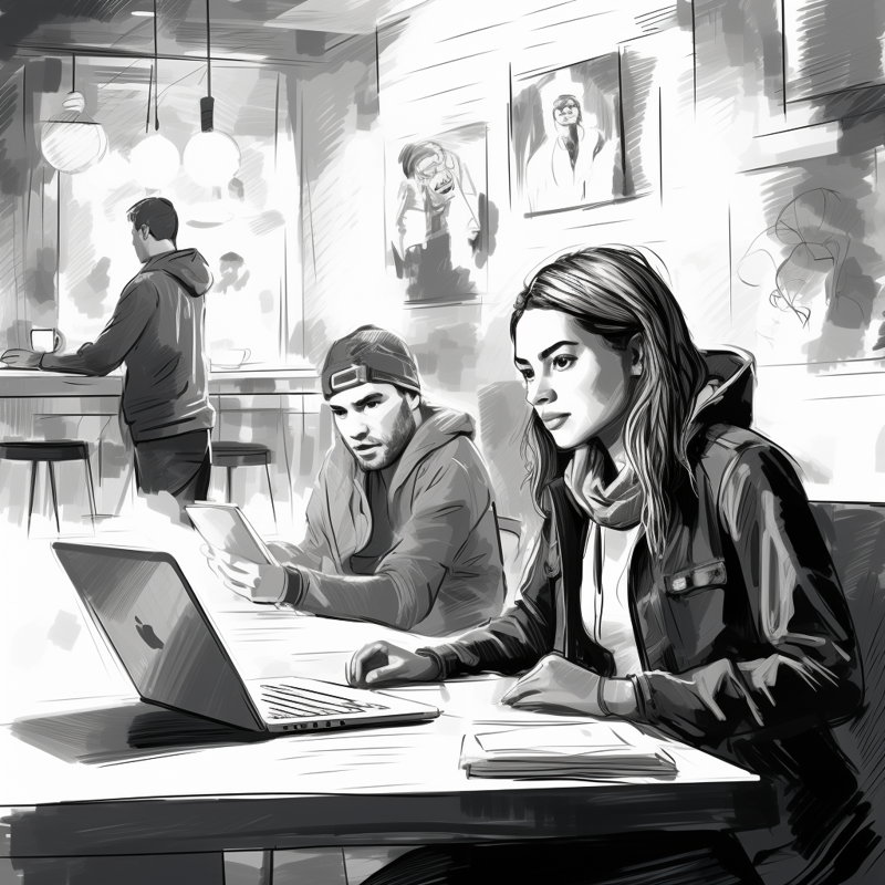 Kobieta w kawiarni z laptopem, obok mezczycna oberwujacy laptop. Zagrożenia pracy zdalnej.