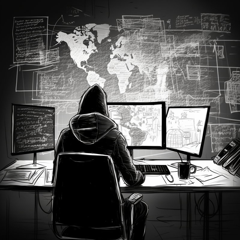 Postać hackera siedzącego tyłem przed monitorami/ W trakcie ataku.